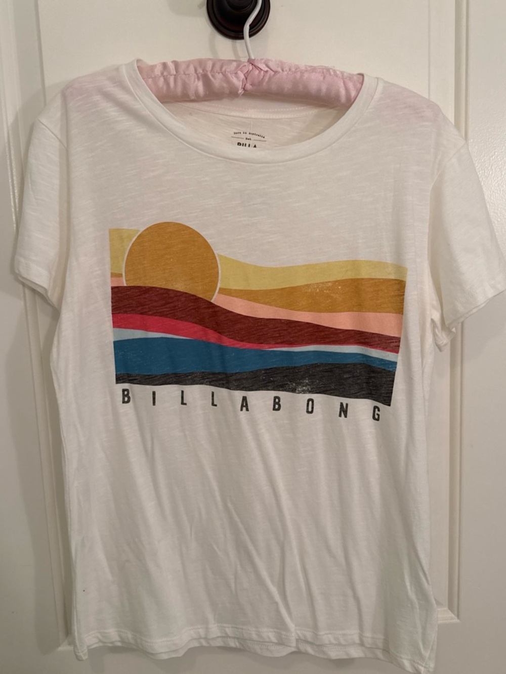 Billabong White Tee with Retro Sunset Stripe Graphic
